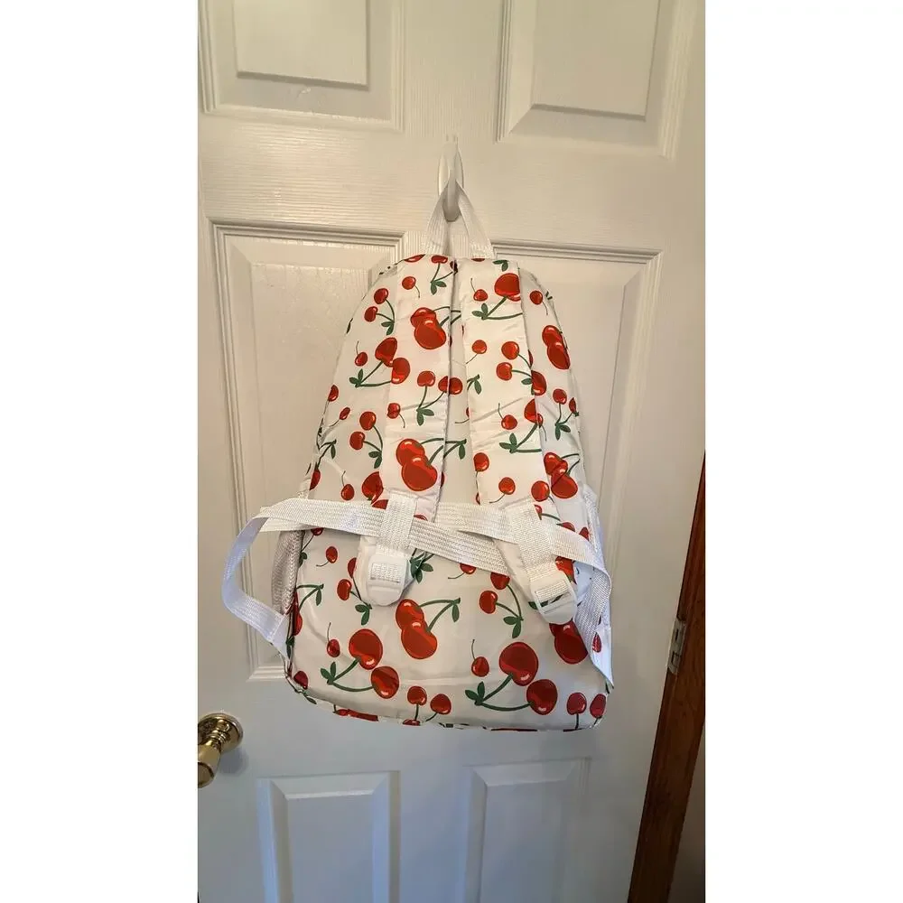 New white backpack cherry pattern.Padded back,multiple pockets,adjustable straps